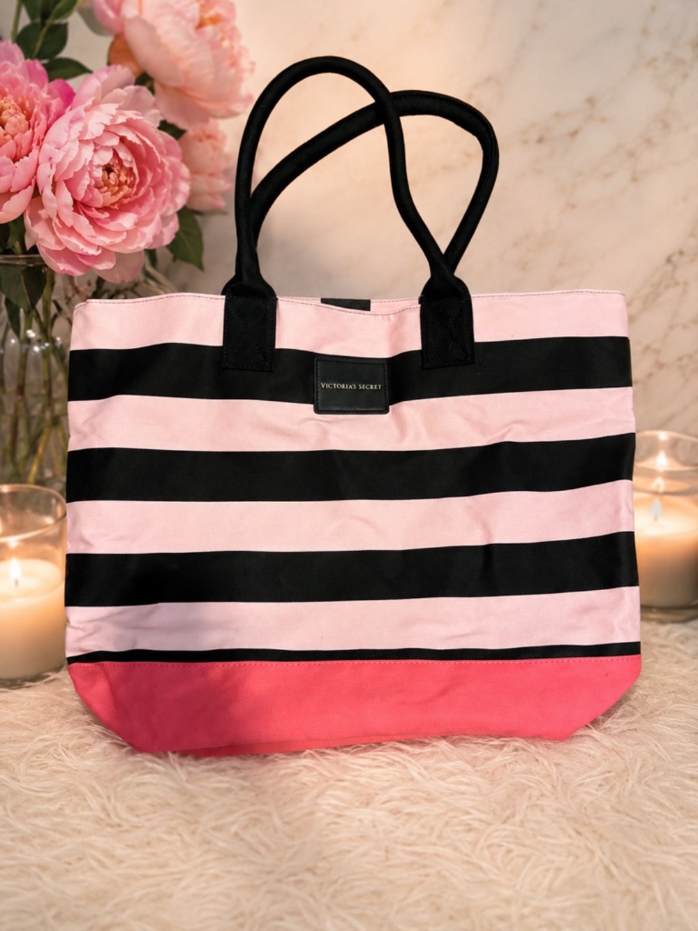 Victoria’s Secret Pink Black Striped Tote Bag Large Carryall Beach Y2K - Picture 2 of 5